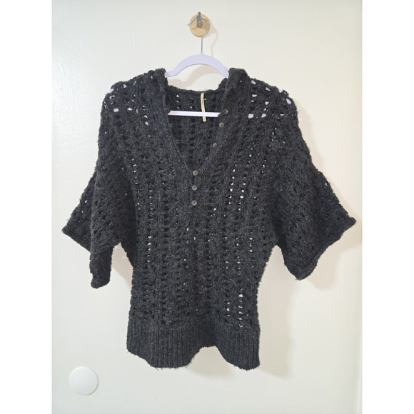 Free People Women's‎ Open Chunky Knit Hooded Pull On Gray Sweater Size Small - Picture 1 of 3